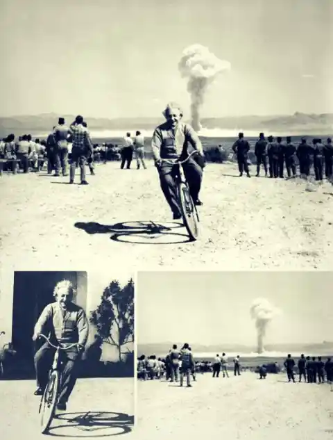 Einstein Bicycling As A Bomb Explodes