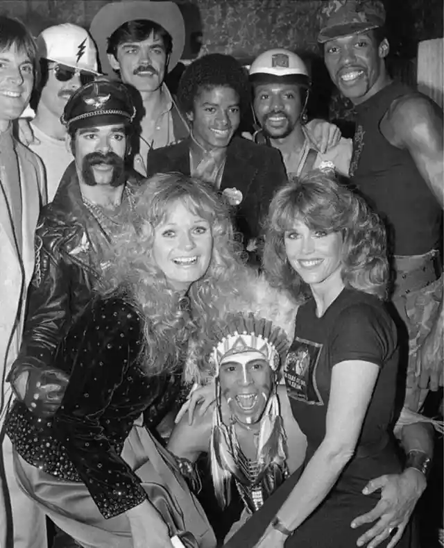 The Village People, Michael Jackson, Jane Fonda, Valerie Perrine, and Bruce Jenner at Studio 54⁠
